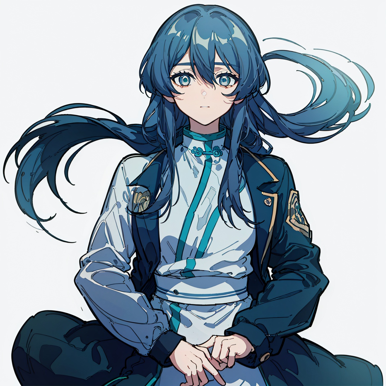  (masterpiece:1.3),(the best quality:1.2),(super fine illustrations:1.2),(Masterpiece),high quality,high detail,(white background:1.2),looking at viewer,(SOLO:1.4),outline,simplebackground,, chinese clothes,long sleeves,jacket,bangs,long_hair,hair_between_eyes,shiny_hair,hair between eyes,blue eyes,