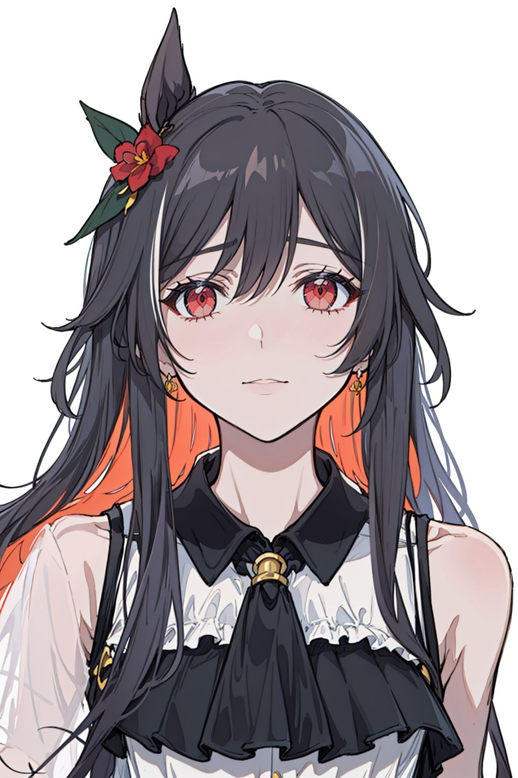 (masterpiece:1.3),(the best quality:1.2),(super fine illustrations:1.2),(Masterpiece),high quality,high detail,(white background:1.2),looking at viewer,(SOLO:1.4),outline,simple background,<lora:阿识-泳装-2:0.8>, long hair,red eyes,very long hair,hair between eyes,grey hair,bare legs,silver hair,midriff,hair ribbon,low-tied long hair,bikini skirt,skirt,sandals,black bikini,swimsuit,hair flower,frills,frilled bikini,bracelet,bikini,sleeveless,multicolored hair,senti,hair ornament,