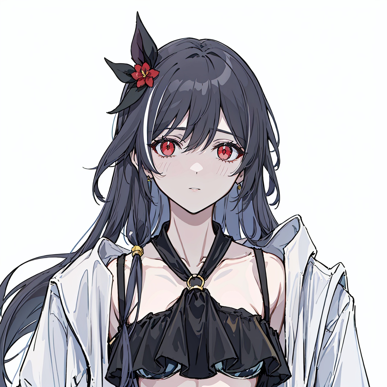 (masterpiece:1.3),(the best quality:1.2),(super fine illustrations:1.2),(Masterpiece),high quality,high detail,(white background:1.2),looking at viewer,(SOLO:1.4),outline,simplebackground,, long hair,red eyes,very long hair,hair between eyes,grey hair,bare legs,silver hair,midriff,hair ribbon,low-tied long hair,bikini skirt,skirt,sandals,black bikini,swimsuit,hair flower,frills,frilled bikini,bracelet,bikini,sleeveless,multicolored hair,senti,hair ornament,
