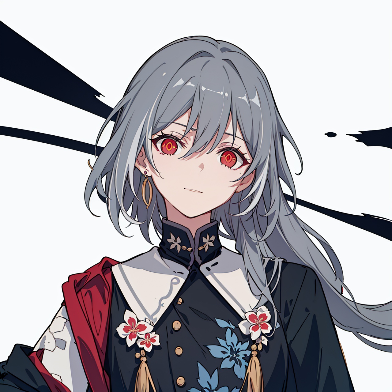 (masterpiece:1.3),(the best quality:1.2),(super fine illustrations:1.2),(Masterpiece),high quality,high detail,(white background:1.2),looking at viewer,(SOLO:1.4),outline,simplebackground,, hair between eyes,red eyes,long hair,very long hair,earrings,cross-laced footwear,boots,multicolored hair,tassel,wide sleeves,low-tied long hair,long sleeves,long skirt,jewelry,hair ornament,grey hair,floral print,black skirt,senti,grey_hair,hair_between_eyes,