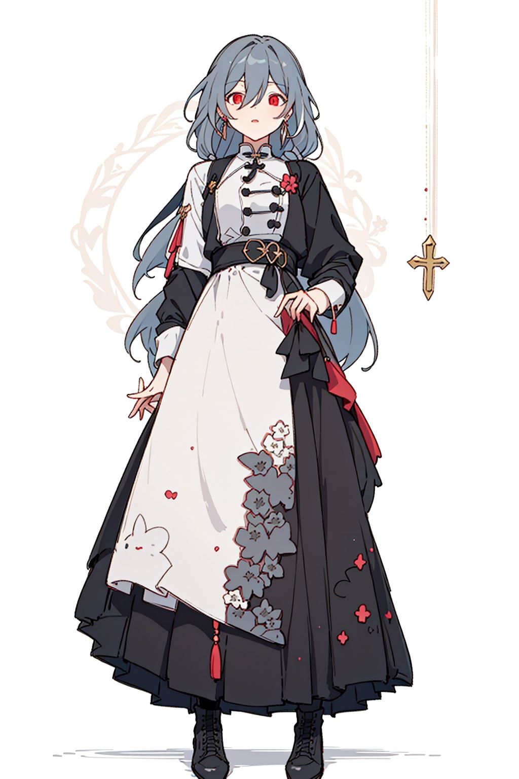 (masterpiece:1.3),(the best quality:1.2),(super fine illustrations:1.2),(Masterpiece),high quality,high detail,(white background:1.2),looking at viewer,(SOLO:1.4),outline,simplebackground,, hair between eyes,red eyes,long hair,very long hair,earrings,cross-laced footwear,boots,multicolored hair,tassel,wide sleeves,low-tied long hair,long sleeves,long skirt,jewelry,hair ornament,grey hair,floral print,black skirt,senti,grey_hair,hair_between_eyes,
