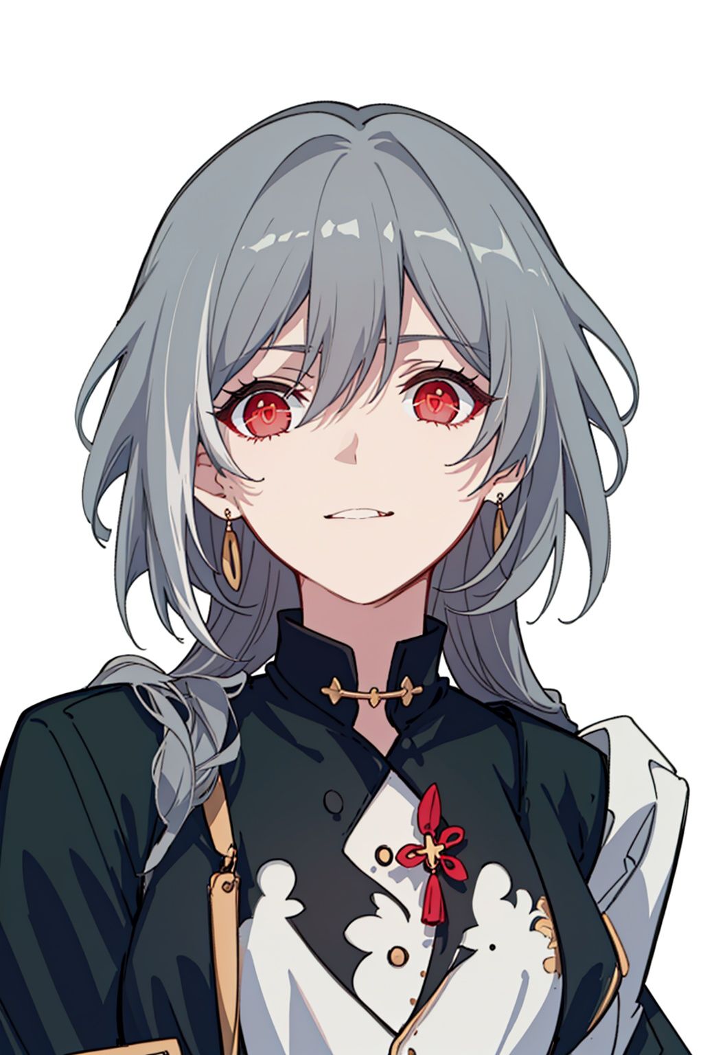 (masterpiece:1.3),(the best quality:1.2),(super fine illustrations:1.2),(Masterpiece),high quality,high detail,(white background:1.2),looking at viewer,(SOLO:1.4),outline,simple background,<lora:阿识-银冬雪趣:0.8>, hair between eyes,red eyes,long hair,very long hair,earrings,cross-laced footwear,boots,multicolored hair,tassel,wide sleeves,low-tied long hair,long sleeves,long skirt,jewelry,hair ornament,grey hair,floral print,black skirt,senti,grey_hair,hair_between_eyes,