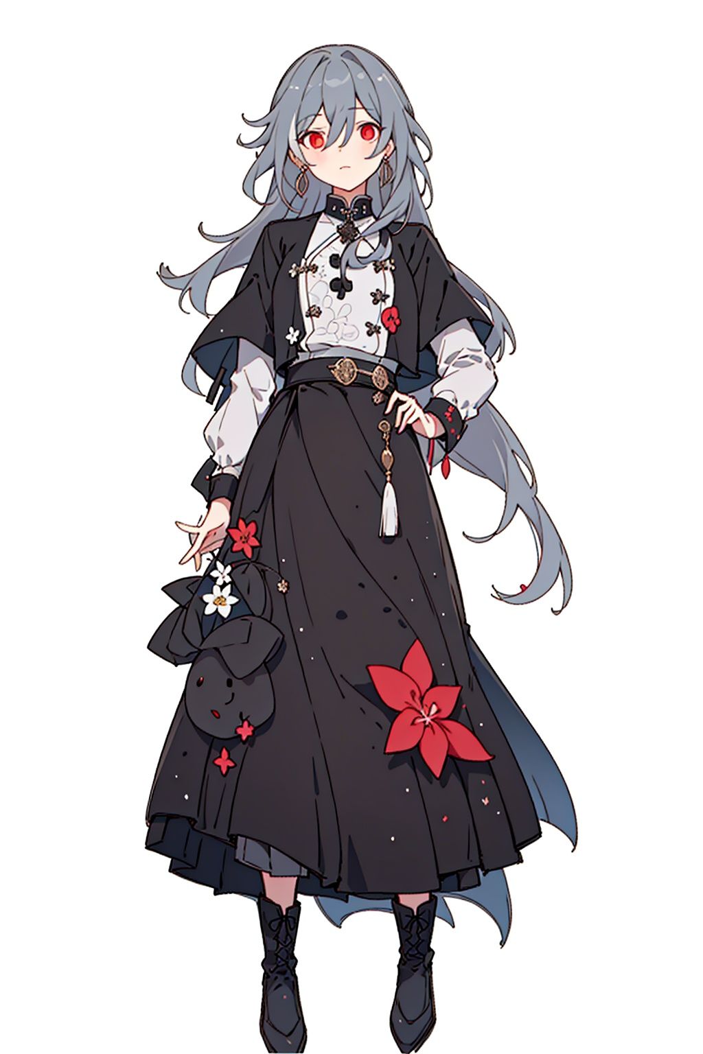(masterpiece:1.3),(the best quality:1.2),(super fine illustrations:1.2),(Masterpiece),high quality,high detail,(white background:1.2),looking at viewer,(SOLO:1.4),outline,simplebackground,, hair between eyes,red eyes,long hair,very long hair,earrings,cross-laced footwear,boots,multicolored hair,tassel,wide sleeves,low-tied long hair,long sleeves,long skirt,jewelry,hair ornament,grey hair,floral print,black skirt,senti,grey_hair,hair_between_eyes,