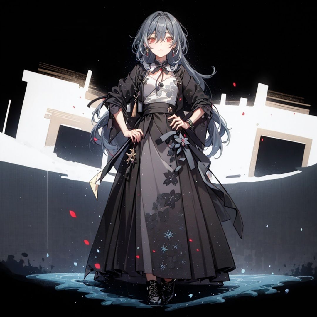 (masterpiece:1.3),(the best quality:1.2),(super fine illustrations:1.2),(Masterpiece),high quality,high detail,(white background:1.2),looking at viewer,(SOLO:1.4),outline,simplebackground,, hair between eyes,red eyes,long hair,very long hair,earrings,cross-laced footwear,boots,multicolored hair,tassel,wide sleeves,low-tied long hair,long sleeves,long skirt,jewelry,hair ornament,grey hair,floral print,black skirt,senti,grey_hair,hair_between_eyes,