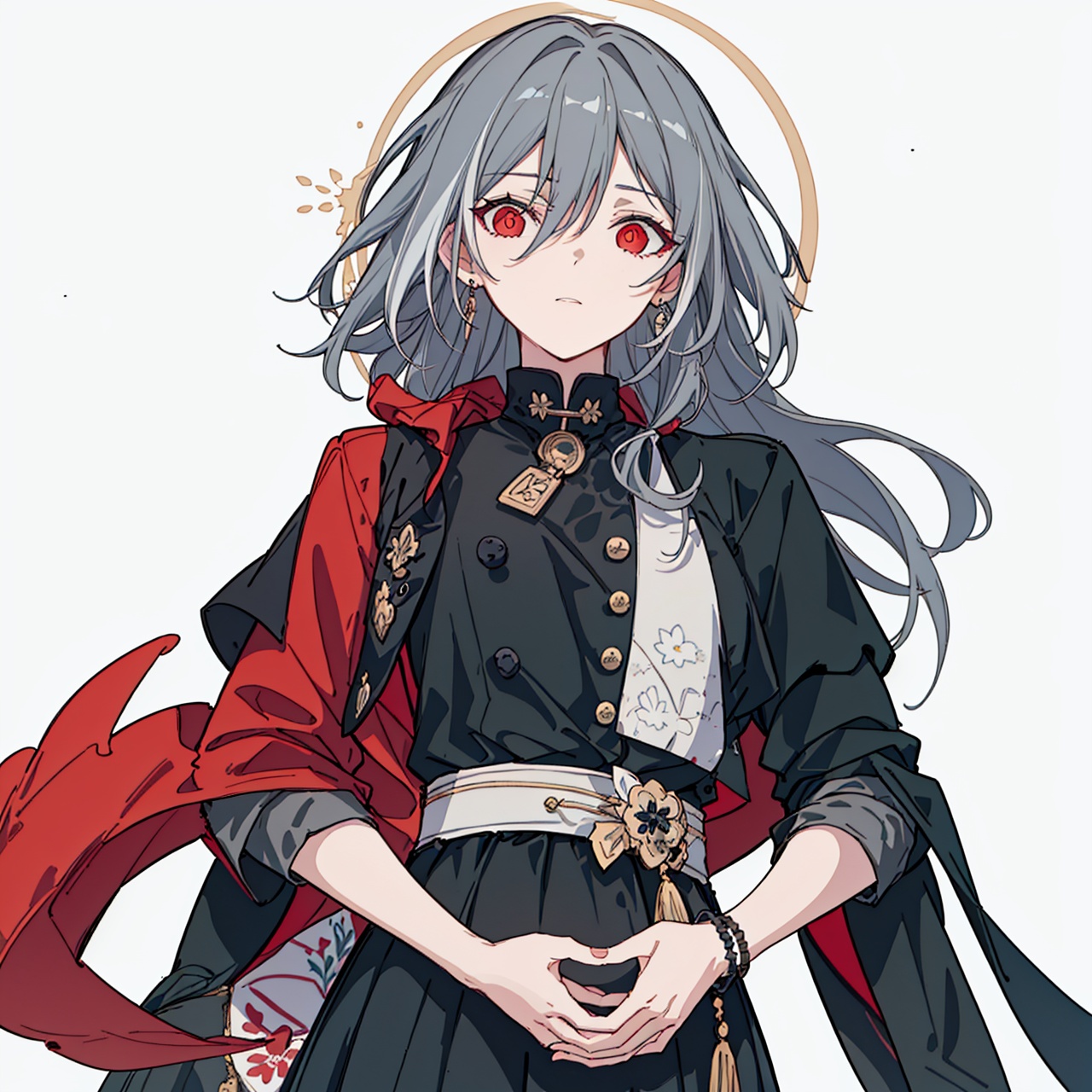 (masterpiece:1.3),(the best quality:1.2),(super fine illustrations:1.2),(Masterpiece),high quality,high detail,(white background:1.2),looking at viewer,(SOLO:1.4),outline,simplebackground,, hair between eyes,red eyes,long hair,very long hair,earrings,cross-laced footwear,boots,multicolored hair,tassel,wide sleeves,low-tied long hair,long sleeves,long skirt,jewelry,hair ornament,grey hair,floral print,black skirt,senti,grey_hair,hair_between_eyes,