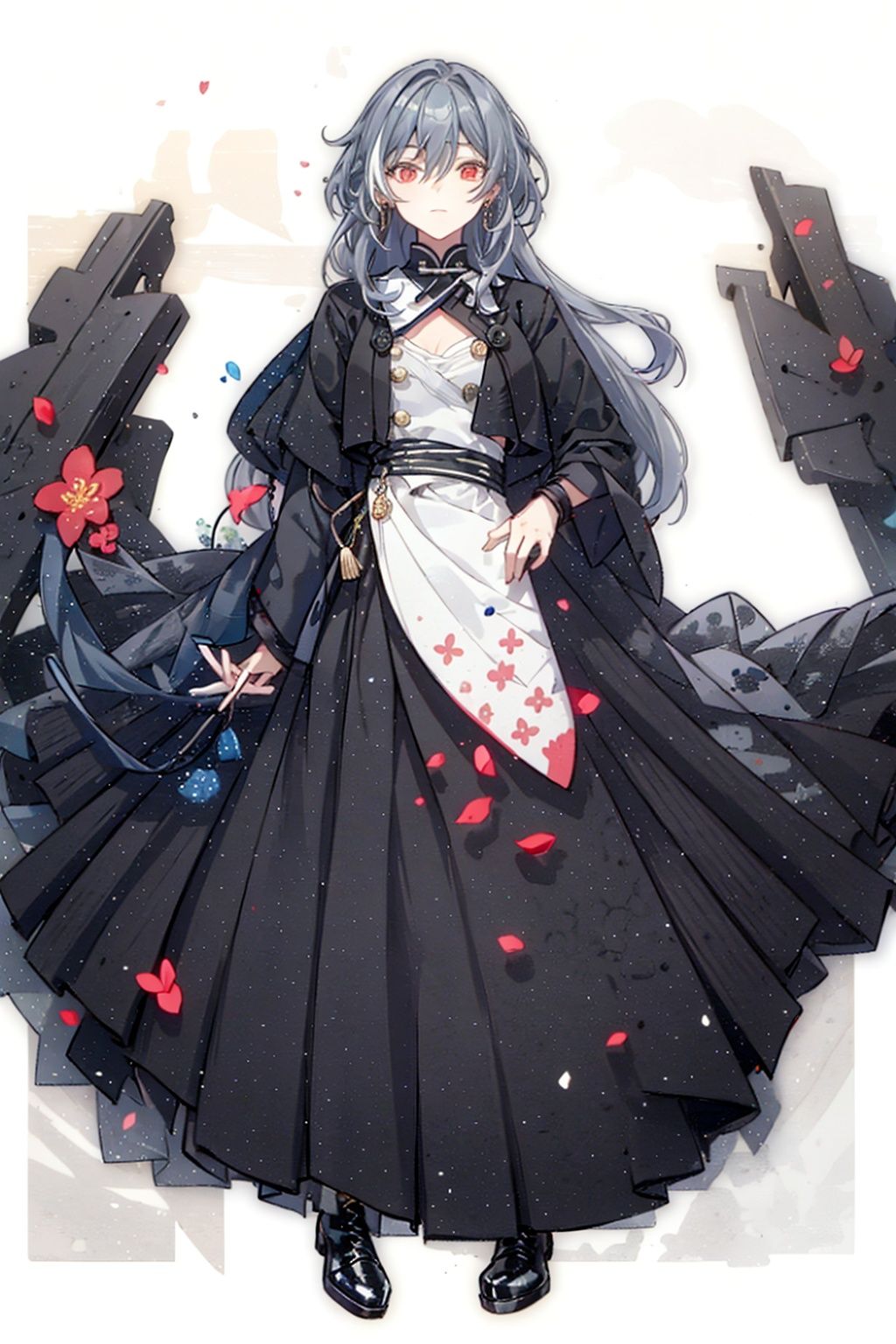 (masterpiece:1.3),(the best quality:1.2),(super fine illustrations:1.2),(Masterpiece),high quality,high detail,(white background:1.2),looking at viewer,(SOLO:1.4),outline,simplebackground,, hair between eyes,red eyes,long hair,very long hair,earrings,cross-laced footwear,boots,multicolored hair,tassel,wide sleeves,low-tied long hair,long sleeves,long skirt,jewelry,hair ornament,grey hair,floral print,black skirt,senti,grey_hair,hair_between_eyes,