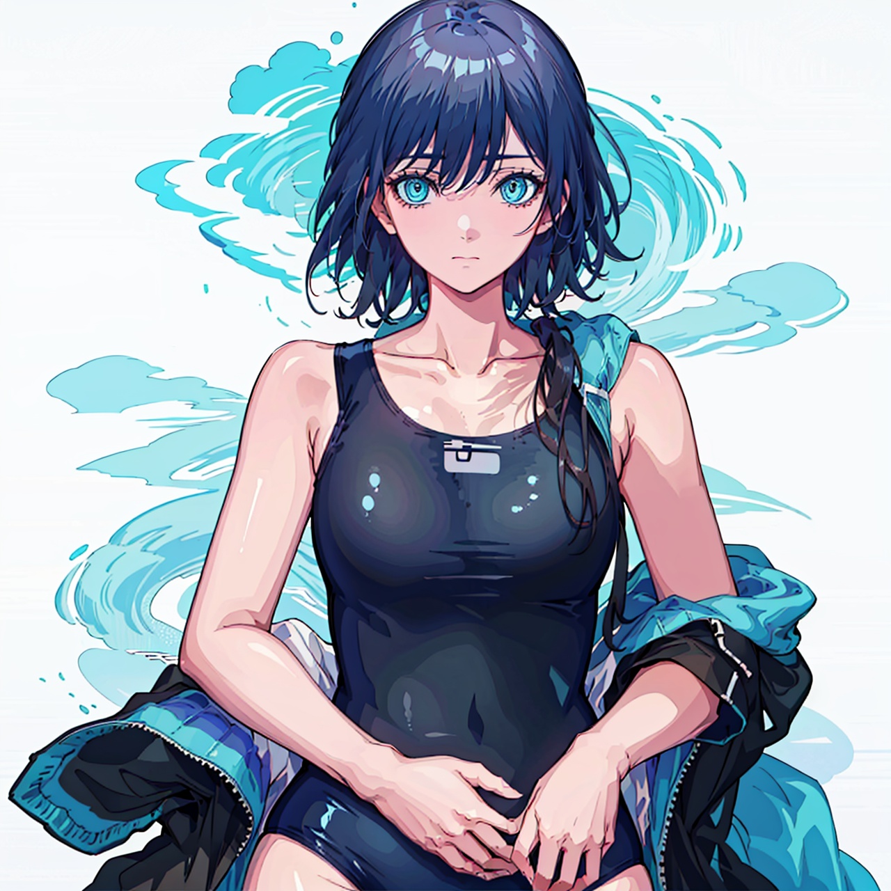  (masterpiece:1.3),(the best quality:1.2),(super fine illustrations:1.2),(Masterpiece),high quality,high detail,(white background:1.2),looking at viewer,(SOLO:1.4),outline,simplebackground,,collarbone,sleeveless,school swimsuit,one-piece swimsuit,black swimsuit,barefoot,bare shoulders,bare arms,fu hua,blue_eyes,hair_between_eyes,