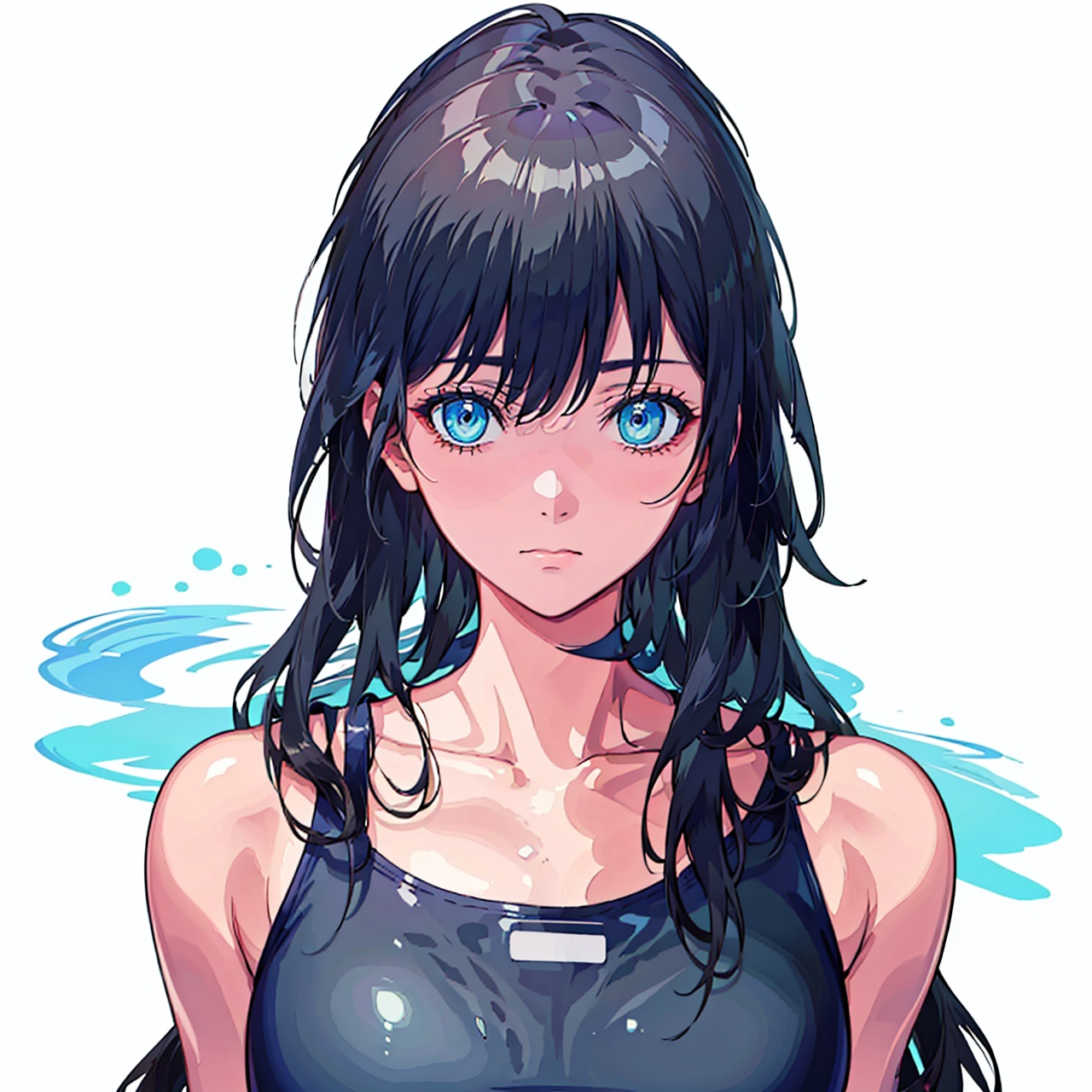  (masterpiece:1.3),(the best quality:1.2),(super fine illustrations:1.2),(Masterpiece),high quality,high detail,(white background:1.2),looking at viewer,(SOLO:1.4),outline,simplebackground,,collarbone,sleeveless,school swimsuit,one-piece swimsuit,black swimsuit,barefoot,bare shoulders,bare arms,fu hua,blue_eyes,hair_between_eyes,