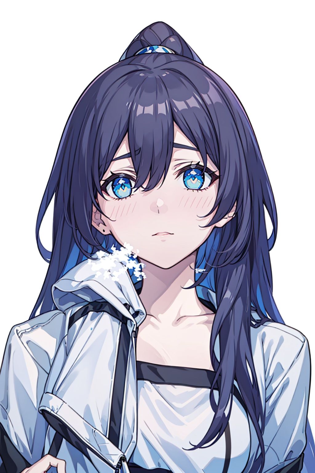 (masterpiece:1.3),(the best quality:1.2),(super fine illustrations:1.2),(Masterpiece),high quality,high detail,(white background:1.2),looking at viewer,(SOLO:1.4),outline,simple background,<lora:符华-泳装-回忆:0.8>, black shorts,open jacket,open clothes,very long hair,bare legs,ponytail,white jacket,long sleeves,sandals,swimsuit,navel,jacket,collarbone,bikini,fu hua,blue_eyes,hair_between_eyes,solo,