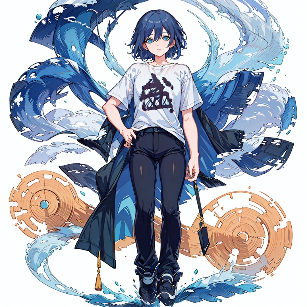 (masterpiece:1.3),(the best quality:1.2),(super fine illustrations:1.2),(Masterpiece),high quality,high detail,(white background:1.2),looking at viewer,(SOLO:1.4),outline,simple background,,t-shirt,blue_eyes,hair_between_eyes,fu hua,white_shirt,(black pants),black legwear,fu hua,logo on t-shirt,logo on shirt,pattern on t-shirt,pattern on shirt,hair between eyes,