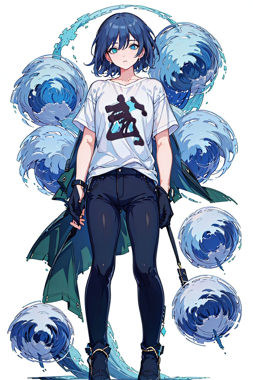 (masterpiece:1.3),(the best quality:1.2),(super fine illustrations:1.2),(Masterpiece),high quality,high detail,(white background:1.2),looking at viewer,(SOLO:1.4),outline,simple background,<lora:符华-遥远的和平:0.8>, t-shirt,blue_eyes,hair_between_eyes,fu hua,white_shirt,(black pants),black legwear,fu hua,logo on t-shirt,logo on shirt,pattern on t-shirt,pattern on shirt,hair between eyes,