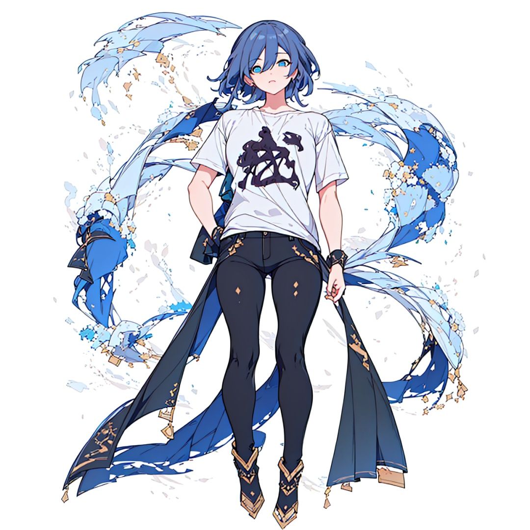 (masterpiece:1.3),(the best quality:1.2),(super fine illustrations:1.2),(Masterpiece),high quality,high detail,(white background:1.2),looking at viewer,(SOLO:1.4),outline,simple background,,t-shirt,blue_eyes,hair_between_eyes,fu hua,white_shirt,(black pants),black legwear,fu hua,logo on t-shirt,logo on shirt,pattern on t-shirt,pattern on shirt,hair between eyes,