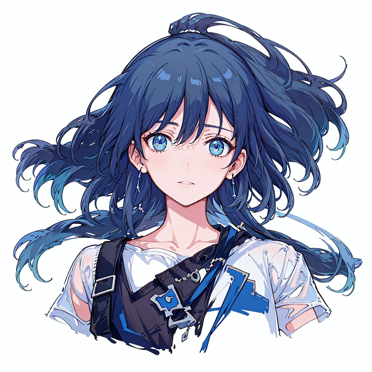  (masterpiece:1.3),(the best quality:1.2),(super fine illustrations:1.2),(Masterpiece),high quality,high detail,(white background:1.2),looking at viewer,(SOLO:1.4),outline,simple background,,t-shirt,blue_eyes,hair_between_eyes,fu hua,white_shirt,(black pants),black legwear,fu hua,logo on t-shirt,logo on shirt,pattern on t-shirt,pattern on shirt,hair between eyes,