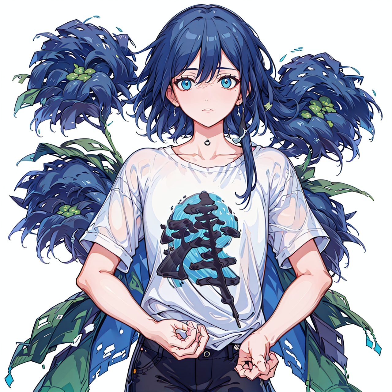  (masterpiece:1.3),(the best quality:1.2),(super fine illustrations:1.2),(Masterpiece),high quality,high detail,(white background:1.2),looking at viewer,(SOLO:1.4),outline,simple background,,t-shirt,blue_eyes,hair_between_eyes,fu hua,white_shirt,(black pants),black legwear,fu hua,logo on t-shirt,logo on shirt,pattern on t-shirt,pattern on shirt,hair between eyes,