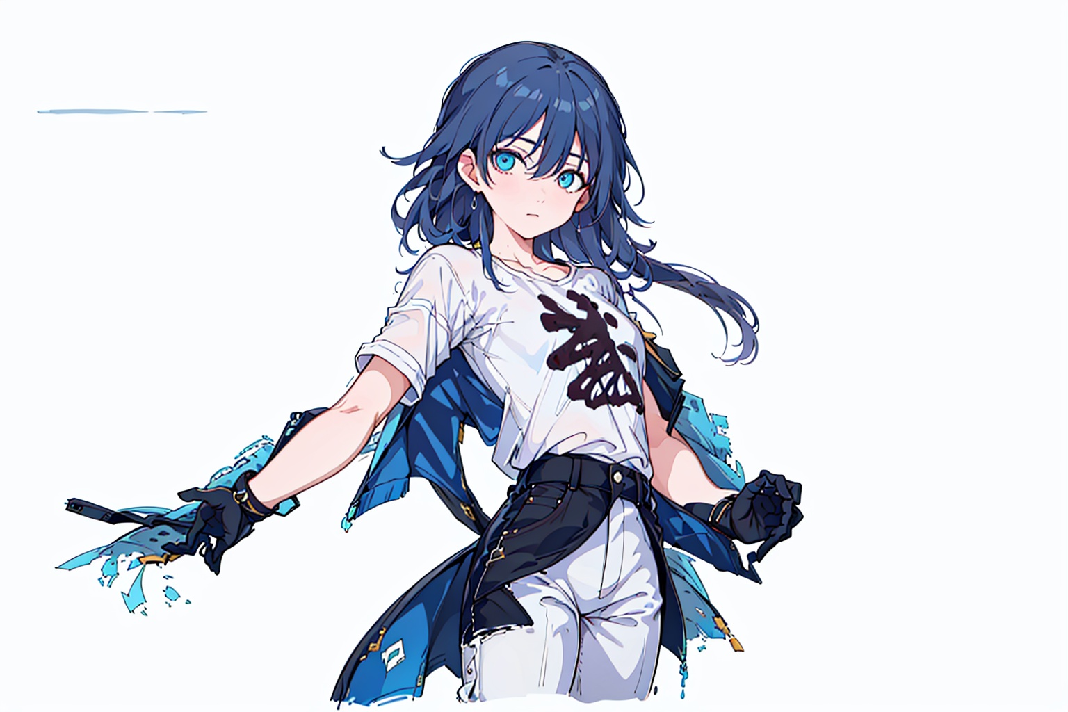 (masterpiece:1.3),(the best quality:1.2),(super fine illustrations:1.2),(Masterpiece),high quality,high detail,(white background:1.2),looking at viewer,(SOLO:1.4),outline,simple background,t-shirt,blue_eyes,hair_between_eyes,fu hua,white_shirt,(black pants),black legwear,fu hua,logo on t-shirt,logo on shirt,pattern on t-shirt,pattern on shirt,hair between eyes,