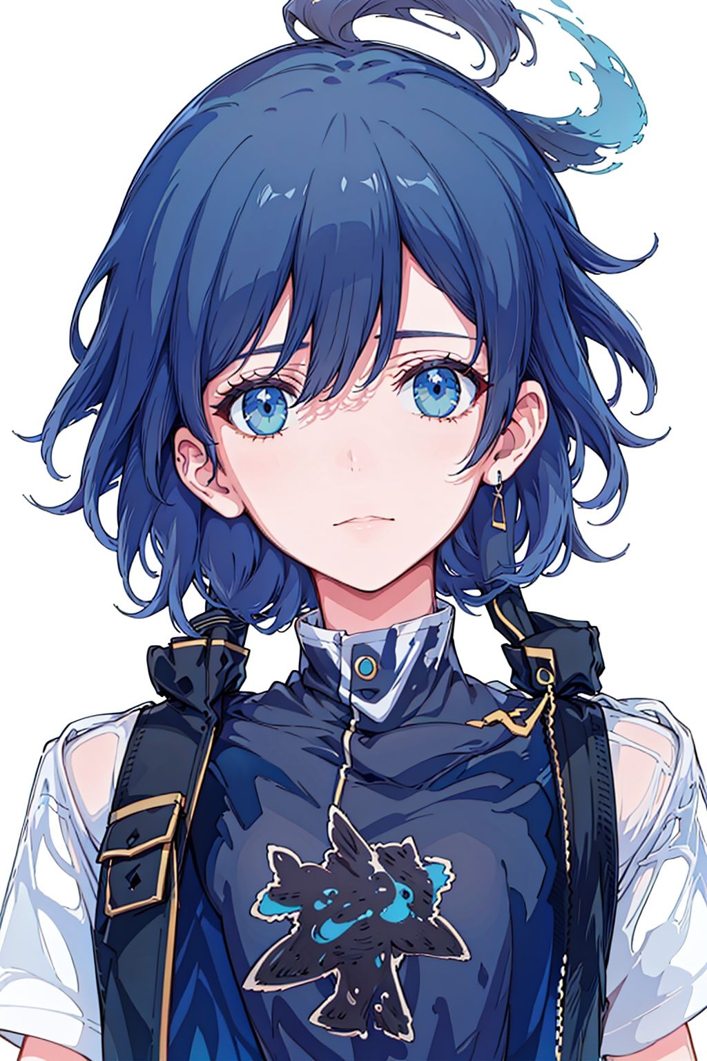 (masterpiece:1.3),(the best quality:1.2),(super fine illustrations:1.2),(Masterpiece),high quality,high detail,(white background:1.2),looking at viewer,(SOLO:1.4),outline,simple background,<lora:符华-遥远的和平:0.8>, t-shirt,blue_eyes,hair_between_eyes,fu hua,white_shirt,(black pants),black legwear,fu hua,logo on t-shirt,logo on shirt,pattern on t-shirt,pattern on shirt,hair between eyes,