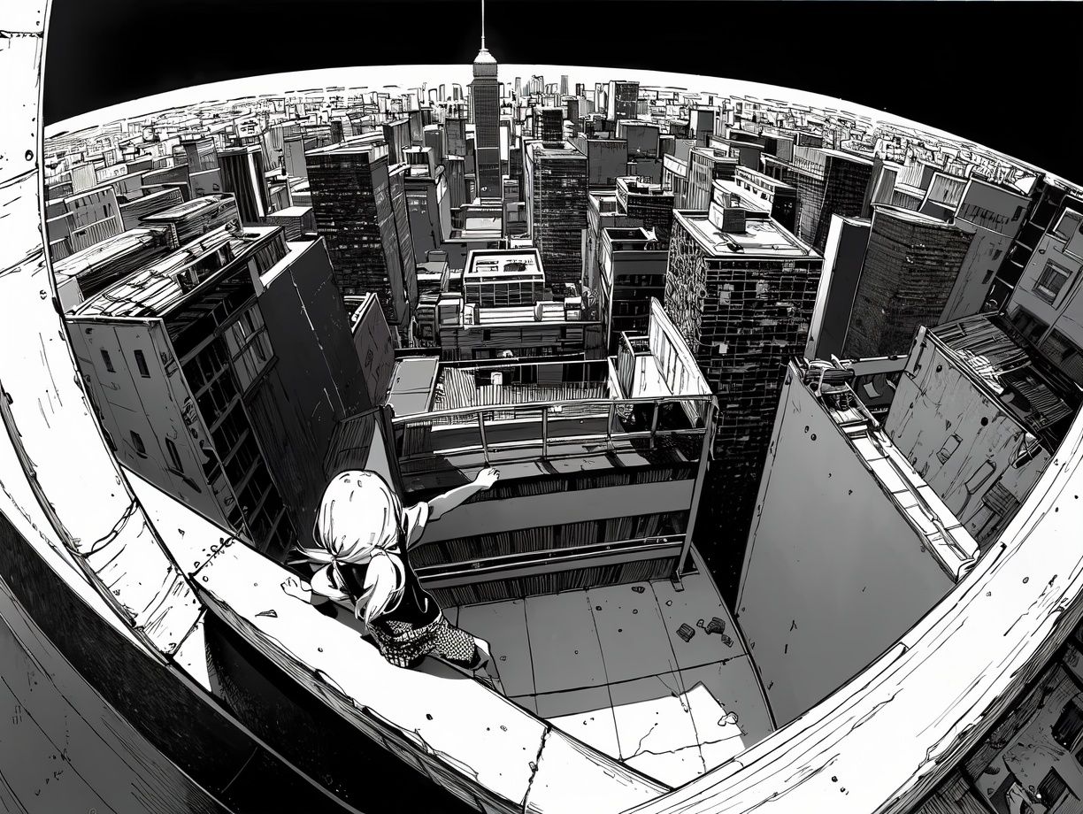 (((best quality,masterpiece,fine detailed,))),<lora:CJ view:0.8>,Top view, large perspective, fisheye Perspective, black and white painting, Scene design, concept design,CJ view,a drawing of a person standing on a ledge above a cityscape with buildings and a bird flying overhead, building, city, cityscape, skyscraper, scenery, bridge, street, architecture, monochrome, town, real_world_location, greyscale, library, rooftop, house, road, east_asian_architecture, outdoors, tokyo_\(city\), traditional_media, brick_wall, railing, (best quality, high quality, masterpiece,),