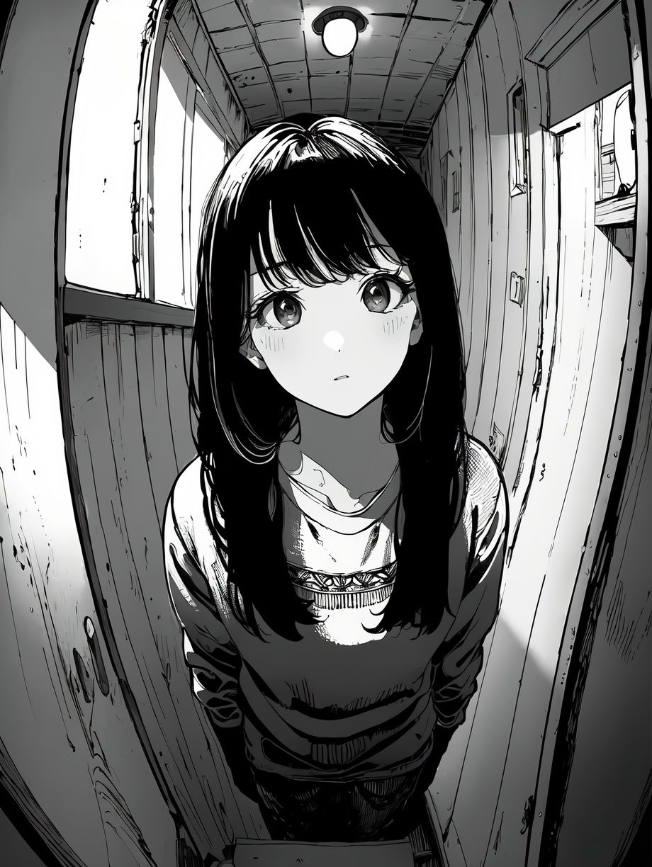 (((best quality,masterpiece,fine detailed,))),<lora:CJ view:0.8>,indoor scene,(large perspective perspective,fisheye perspective picture),(1 girl,long hair,beautiful girl,face to),attic,corridor,wooden furniture,black and white painting,dynamic,exquisite details,absurdres,, (best quality, high quality, masterpiece,),