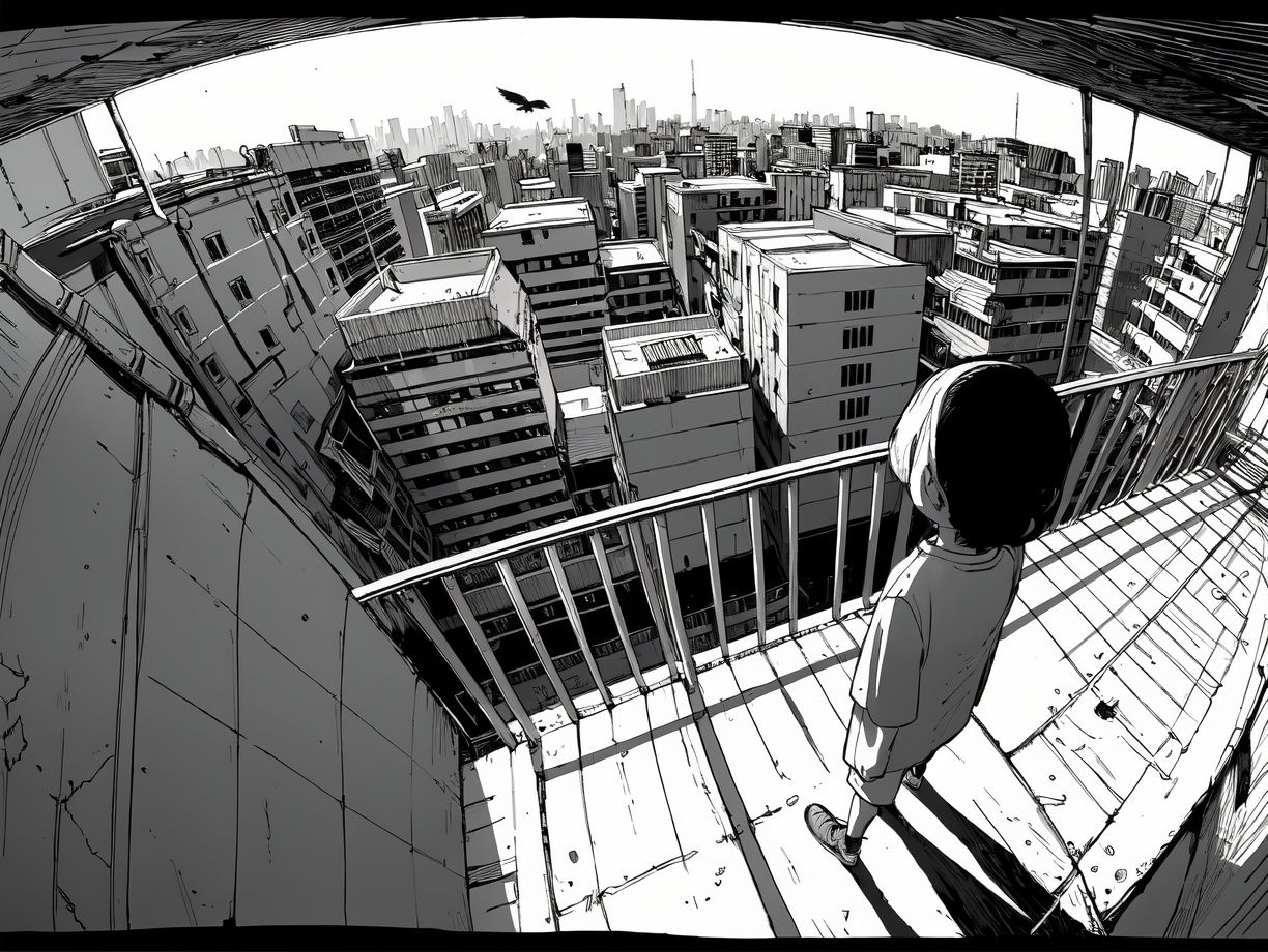 (((best quality,masterpiece,fine detailed,))),<lora:CJ view:0.8>,Top view, large perspective, fisheye Perspective, black and white painting, Scene design, concept design,CJ view,a drawing of a person standing on a ledge above a cityscape with buildings and a bird flying overhead, building, city, cityscape, skyscraper, scenery, bridge, street, architecture, monochrome, town, real_world_location, greyscale, library, rooftop, house, road, east_asian_architecture, outdoors, tokyo_\(city\), traditional_media, brick_wall, railing, (best quality, high quality, masterpiece,),