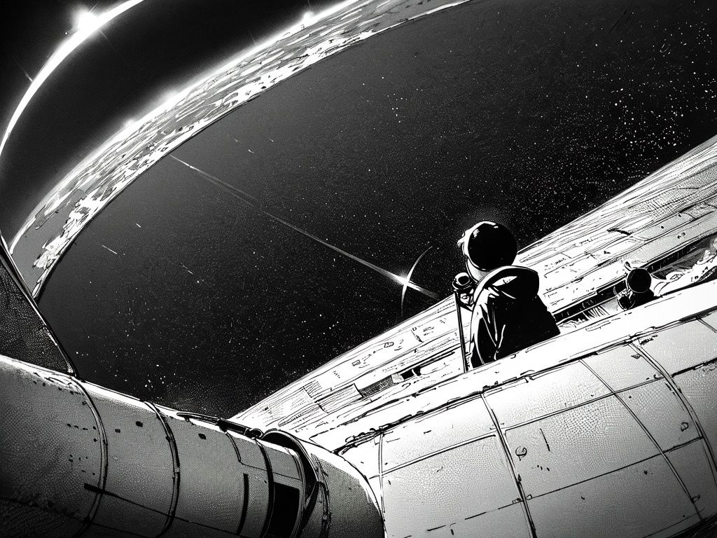 (((best quality,masterpiece,fine detailed,))),<lora:CJ view:0.8>,Looking Angle, large perspective, fisheye Perspective, black and white painting, Scene design, concept design,CJ view,a drawing of a space station with a telescope and a man in a space suit looking at a space station, ground_vehicle, military_vehicle, motor_vehicle, ****, military, vehicle_focus, caterpillar_tracks, monochrome, trembling, greyscale,red sky, (best quality, high quality, masterpiece,),