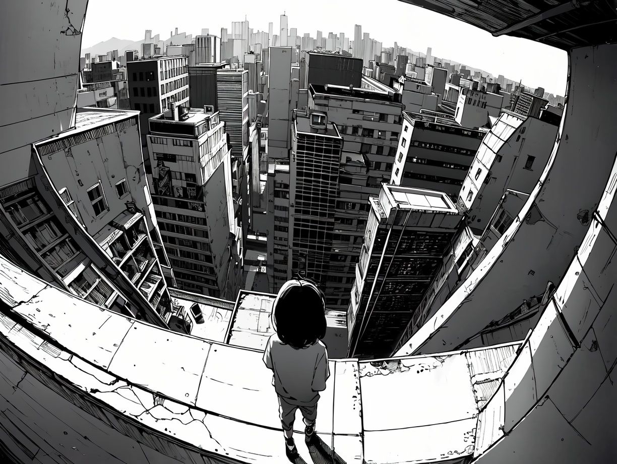 (((best quality,masterpiece,fine detailed,))),<lora:CJ view:0.8>,Top view, large perspective, fisheye Perspective, black and white painting, Scene design, concept design,CJ view,a drawing of a person standing on a ledge above a cityscape with buildings and a bird flying overhead, building, city, cityscape, skyscraper, scenery, bridge, street, architecture, monochrome, town, real_world_location, greyscale, library, rooftop, house, road, east_asian_architecture, outdoors, tokyo_\(city\), traditional_media, brick_wall, railing, (best quality, high quality, masterpiece,),