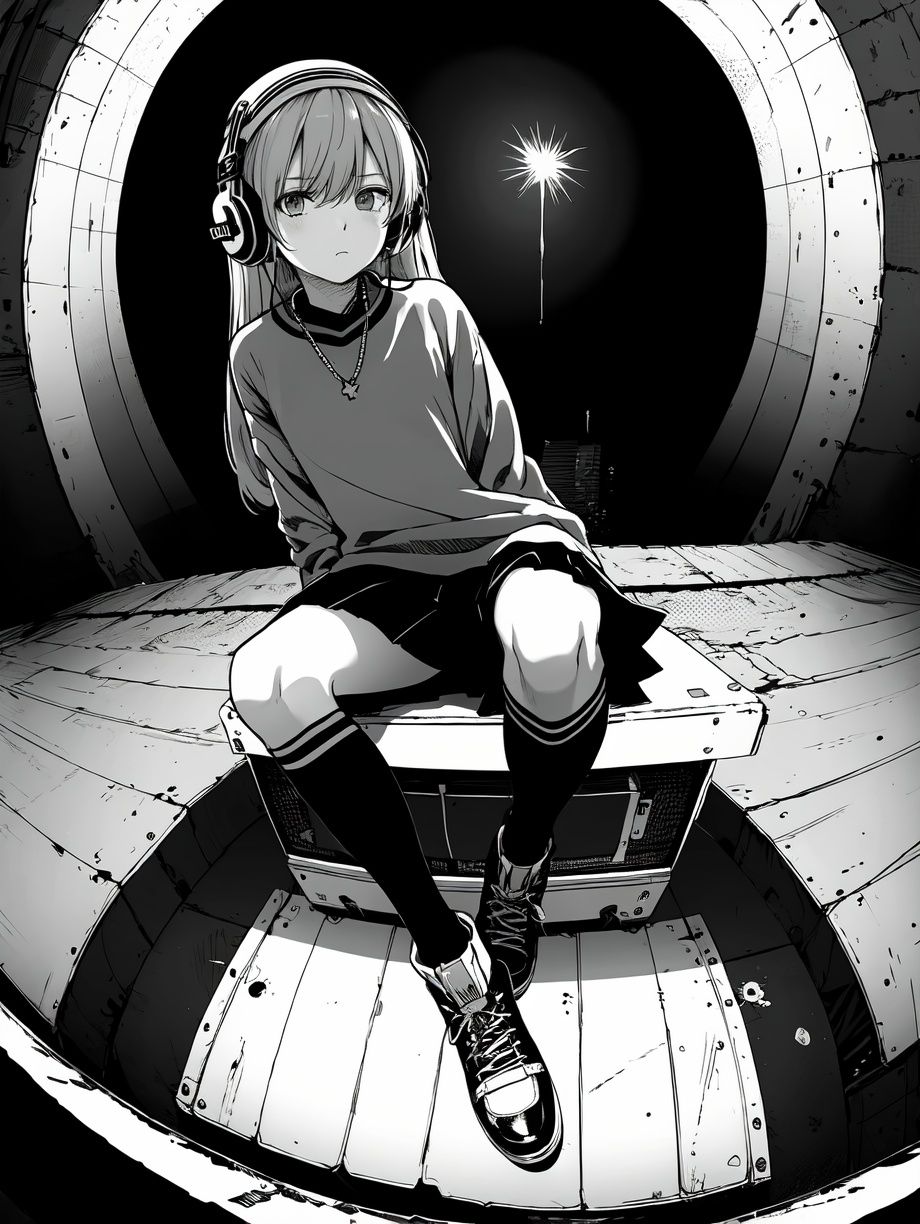 (((best quality,masterpiece,fine detailed,))),<lora:CJ view:0.8>,Looking Angle,large perspective,fisheye Perspective,black and white painting,Scene design,concept design,CJ view,a person sitting on top of a boombox with headphones on and a boombox in front of them,military,halftone,military_uniform,polka_dot,jacket,polka_dot_background,frown,boots,uniform,1girl,itsumi_erika,bangs,socks,light_frown,ground_vehicle,closed_mouth,solo,military_vehicle,long_hair,greyscale,monochrome,miniskirt,motor_vehicle,skirt,headphones,kuromorimine_military_uniform,chain-link_fence,long_sleeves,outside_border,cross-laced_footwear,military_hat,ankle_boots,sitting,pleated_skirt,emblem,shirt,dress_shirt,standing,raglan_sleeves,****,blue sky,, (best quality, high quality, masterpiece,),