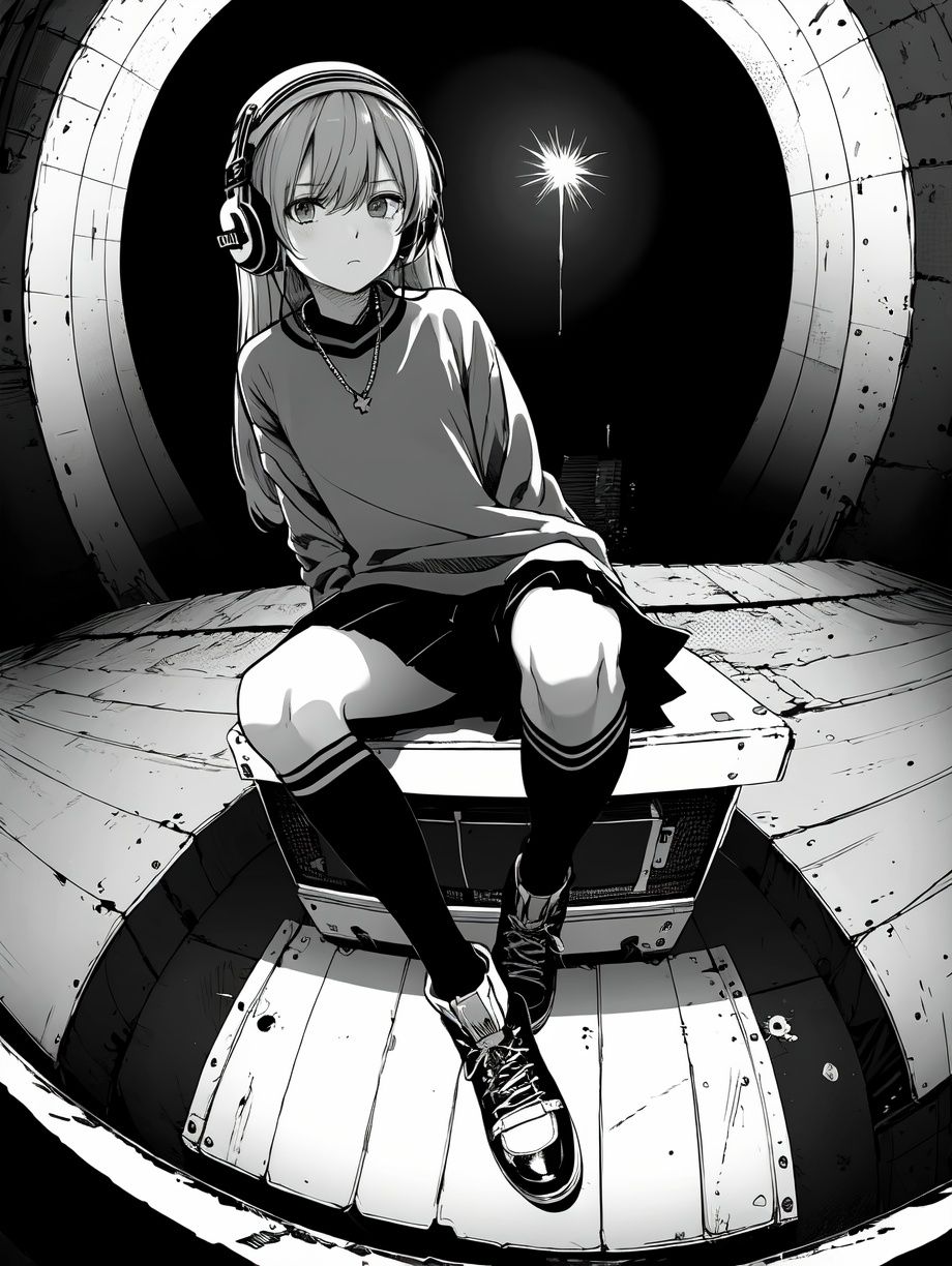 (((best quality,masterpiece,fine detailed,))),<lora:CJ view:0.8>,Looking Angle,large perspective,fisheye Perspective,black and white painting,Scene design,concept design,CJ view,a person sitting on top of a boombox with headphones on and a boombox in front of them,military,halftone,military_uniform,polka_dot,jacket,polka_dot_background,frown,boots,uniform,1girl,itsumi_erika,bangs,socks,light_frown,ground_vehicle,closed_mouth,solo,military_vehicle,long_hair,greyscale,monochrome,miniskirt,motor_vehicle,skirt,headphones,kuromorimine_military_uniform,chain-link_fence,long_sleeves,outside_border,cross-laced_footwear,military_hat,ankle_boots,sitting,pleated_skirt,emblem,shirt,dress_shirt,standing,raglan_sleeves,****,blue sky,, (best quality, high quality, masterpiece,),