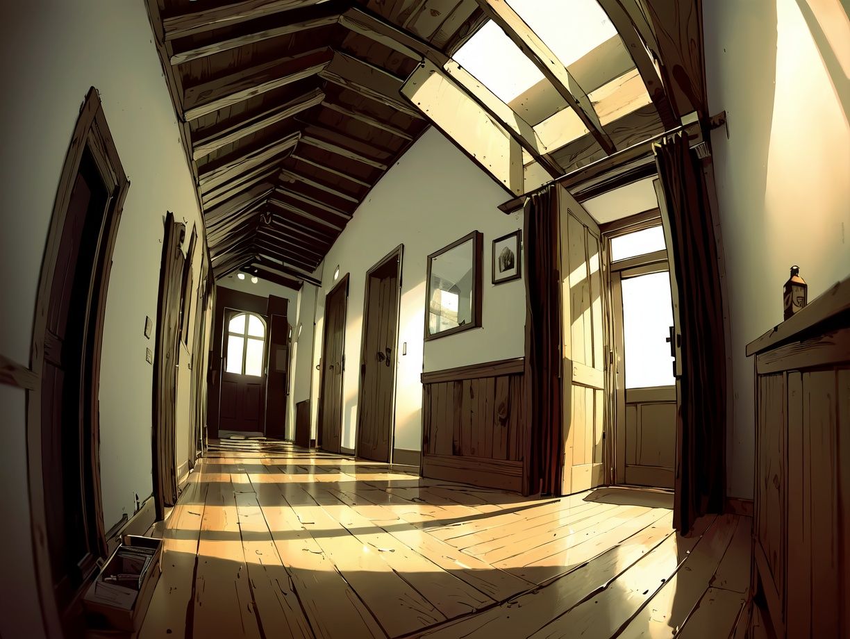 (((best quality,masterpiece,fine detailed,))),<lora:CJ view:0.8>,indoor scene,(large perspective perspective,fisheye perspective picture),(1 girl,long hair,beautiful girl,face to),attic,corridor,wooden furniture,black and white painting,dynamic,exquisite details,absurdres,, (best quality, high quality, masterpiece,),
