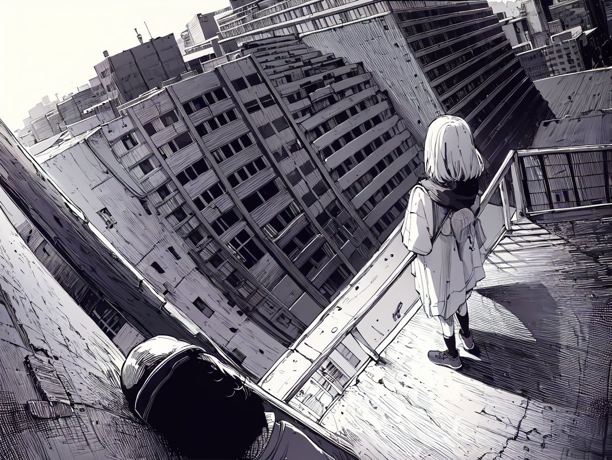 (((best quality,masterpiece,fine detailed,))),<lora:CJ view:0.8>,Top view, large perspective, fisheye Perspective, black and white painting, Scene design, concept design,CJ view,a drawing of a person standing on a ledge above a cityscape with buildings and a bird flying overhead, building, city, cityscape, skyscraper, scenery, bridge, street, architecture, monochrome, town, real_world_location, greyscale, library, rooftop, house, road, east_asian_architecture, outdoors, tokyo_\(city\), traditional_media, brick_wall, railing, (best quality, high quality, masterpiece,),