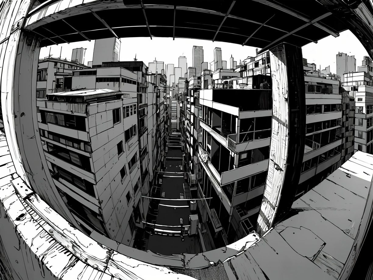 (((best quality,masterpiece,fine detailed,))),<lora:CJ view:0.8>,Top view, large perspective, fisheye Perspective, black and white painting, Scene design, concept design,CJ view,a drawing of a person standing on a ledge above a cityscape with buildings and a bird flying overhead, building, city, cityscape, skyscraper, scenery, bridge, street, architecture, monochrome, town, real_world_location, greyscale, library, rooftop, house, road, east_asian_architecture, outdoors, tokyo_\(city\), traditional_media, brick_wall, railing, (best quality, high quality, masterpiece,),