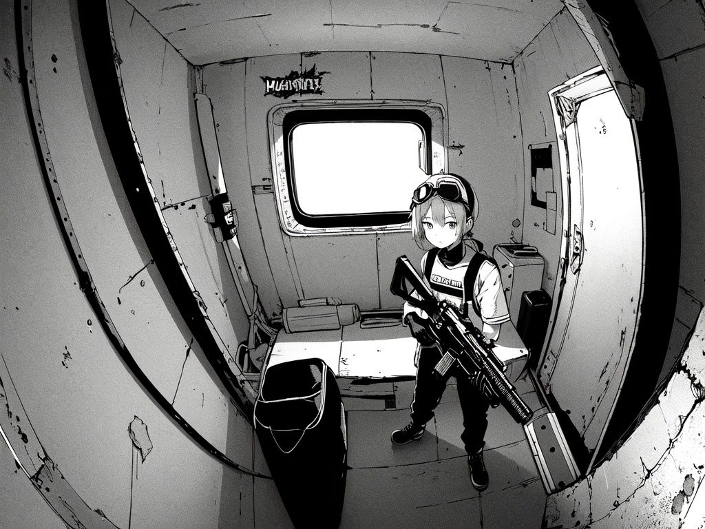 (((best quality,masterpiece,fine detailed,))),<lora:CJ view:0.8>,Looking Angle,large perspective,fisheye Perspective,black and white painting,Scene design,concept design,CJ view,a cartoon of a man in a room with a gun and a bomb in the ceiling and a plane flying overhead,gun,weapon,eyewear_on_head,sunglasses,rifle,1girl,assault_rifle,holding_gun,trigger_discipline,goggles,aircraft,machine_gun,monochrome,greyscale,goggles_on_head,holding_weapon,gloves,kalashnikov_rifle,solo,m4_carbine,handgun,submachine_gun,blue sky,, (best quality, high quality, masterpiece,),