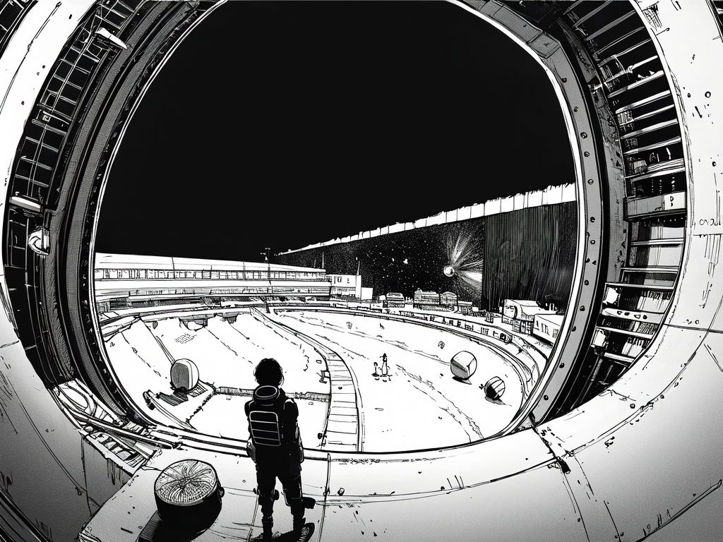 (((best quality,masterpiece,fine detailed,))),<lora:CJ view:0.8>,Looking Angle,large perspective,fisheye Perspective,black and white painting,Scene design,concept design,CJ view,a drawing of a space station with a telescope and a man in a space suit looking at a space station,ground_vehicle,military_vehicle,motor_vehicle,****,military,vehicle_focus,caterpillar_tracks,monochrome,trembling,greyscale,(blue sky),, (best quality, high quality, masterpiece,),
