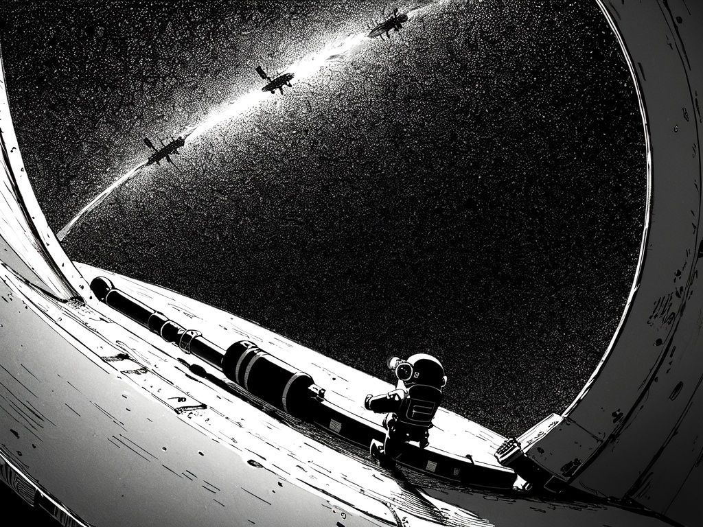 (((best quality,masterpiece,fine detailed,))),<lora:CJ view:0.8>,Looking Angle, large perspective, fisheye Perspective, black and white painting, Scene design, concept design,CJ view,a drawing of a space station with a telescope and a man in a space suit looking at a space station, ground_vehicle, military_vehicle, motor_vehicle, ****, military, vehicle_focus, caterpillar_tracks, monochrome, trembling, greyscale,red sky, (best quality, high quality, masterpiece,),