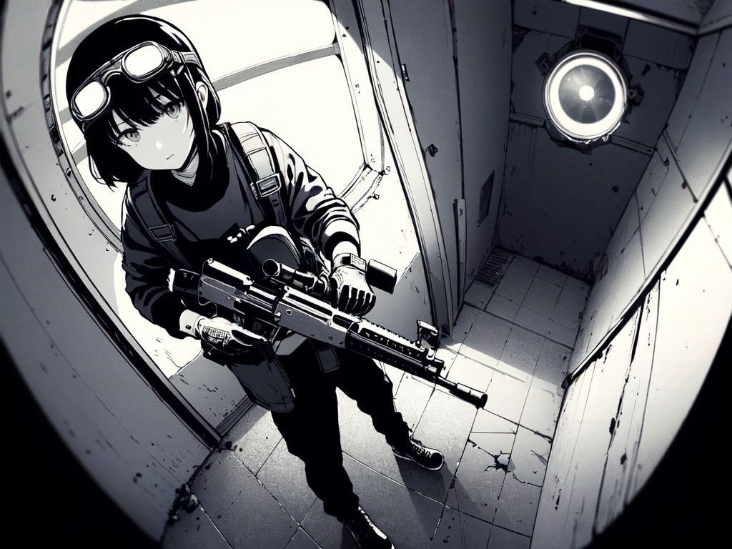(((best quality,masterpiece,fine detailed,))),<lora:CJ view:0.8>,Looking Angle,large perspective,fisheye Perspective,black and white painting,Scene design,concept design,CJ view,a cartoon of a man in a room with a gun and a bomb in the ceiling and a plane flying overhead,gun,weapon,eyewear_on_head,sunglasses,rifle,1girl,assault_rifle,holding_gun,trigger_discipline,goggles,aircraft,machine_gun,monochrome,greyscale,goggles_on_head,holding_weapon,gloves,kalashnikov_rifle,solo,m4_carbine,handgun,submachine_gun,blue sky,, (best quality, high quality, masterpiece,),