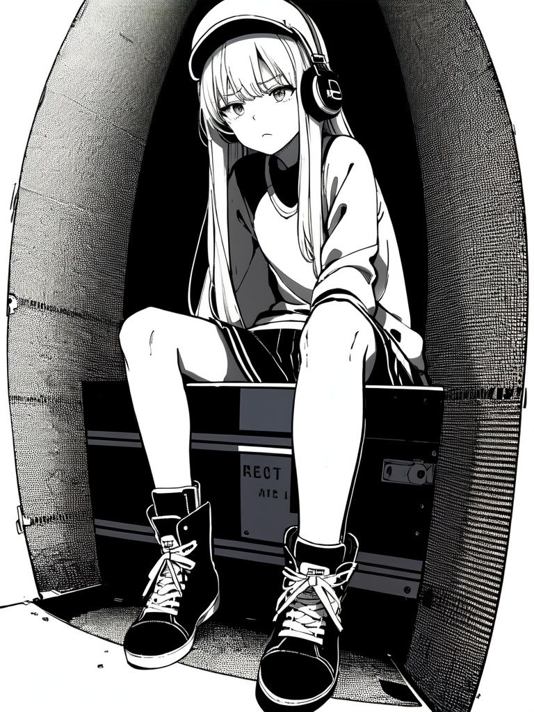 (((best quality,masterpiece,fine detailed,))),<lora:CJ view:0.8>,Looking Angle,large perspective,fisheye Perspective,black and white painting,Scene design,concept design,CJ view,a person sitting on top of a boombox with headphones on and a boombox in front of them,military,halftone,military_uniform,polka_dot,jacket,polka_dot_background,frown,boots,uniform,1girl,itsumi_erika,bangs,socks,light_frown,ground_vehicle,closed_mouth,solo,military_vehicle,long_hair,greyscale,monochrome,miniskirt,motor_vehicle,skirt,headphones,kuromorimine_military_uniform,chain-link_fence,long_sleeves,outside_border,cross-laced_footwear,military_hat,ankle_boots,sitting,pleated_skirt,emblem,shirt,dress_shirt,standing,raglan_sleeves,****,blue sky,, (best quality, high quality, masterpiece,),