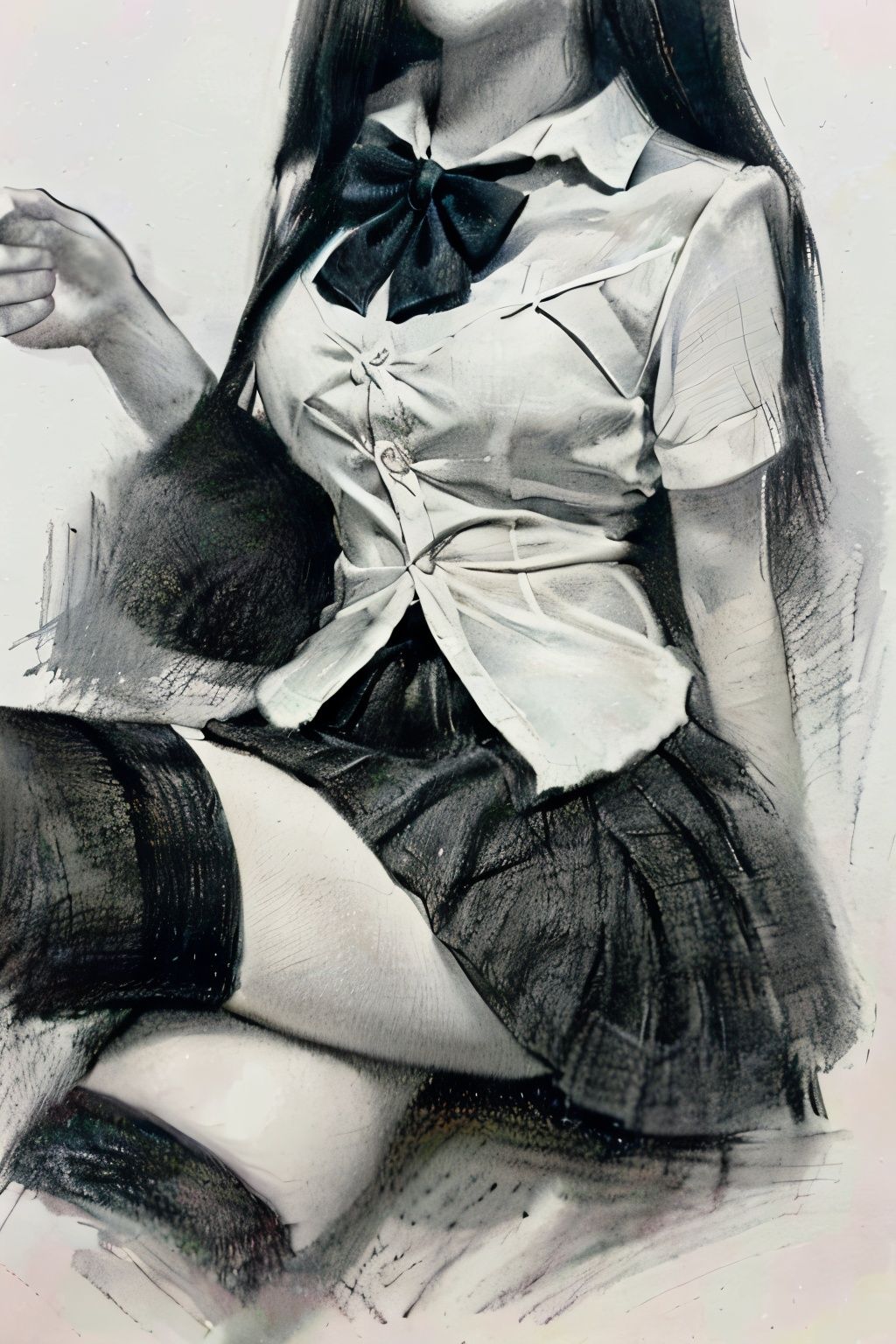 sketch, 1girl, monochrome, solo, greyscale, thighhighs, skirt, long hair, crossed legs, sitting, school uniform, traditional media, head out of frame, bow, shirt, zettai ryouiki, breasts, pleated skirt,
,best quality,high resolution,unity 8k wallpaper,photo_\(medium\),,
