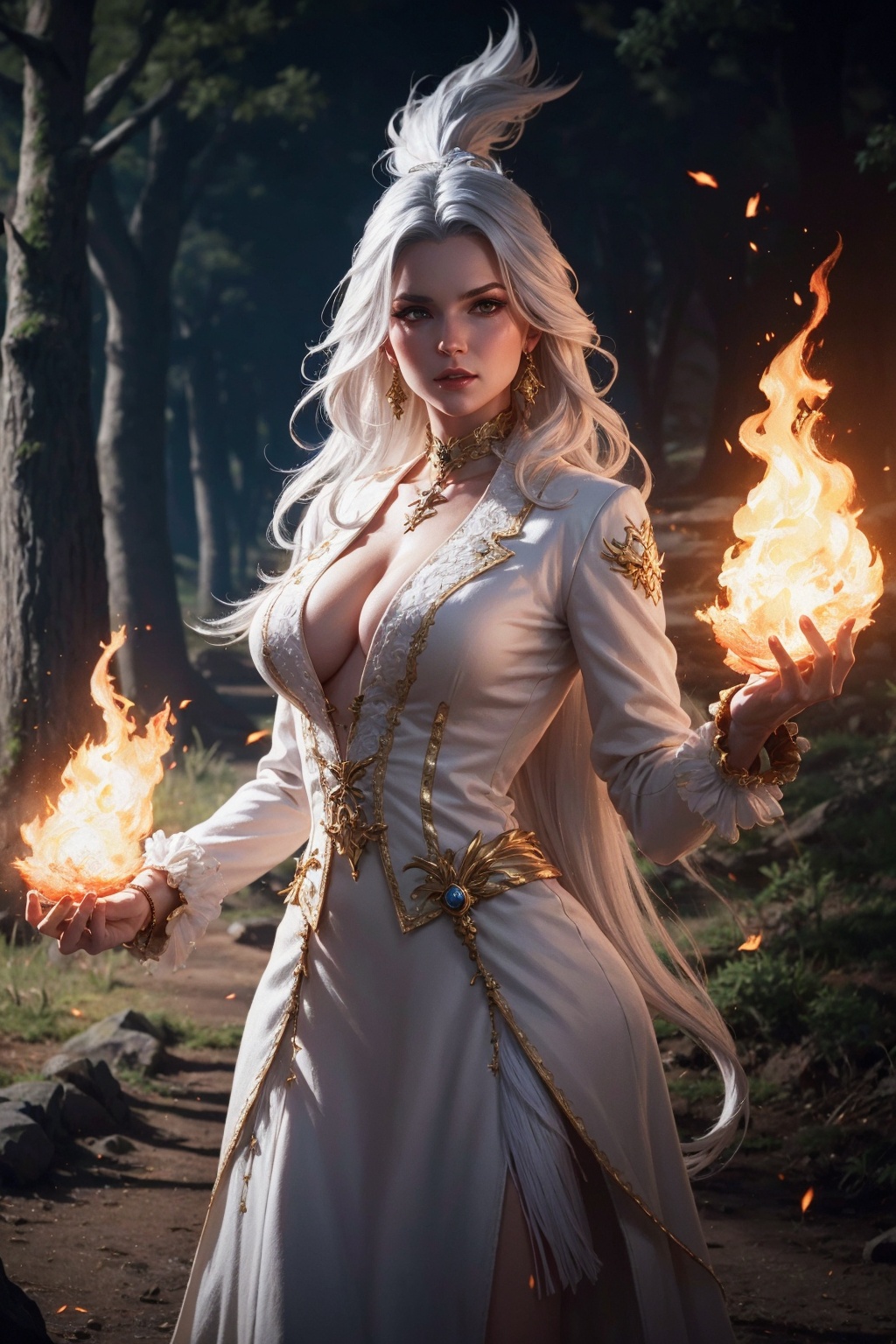 realistic ,  Beautiful White Witch Women ,  Casting Fire Spell on Tensor.Art