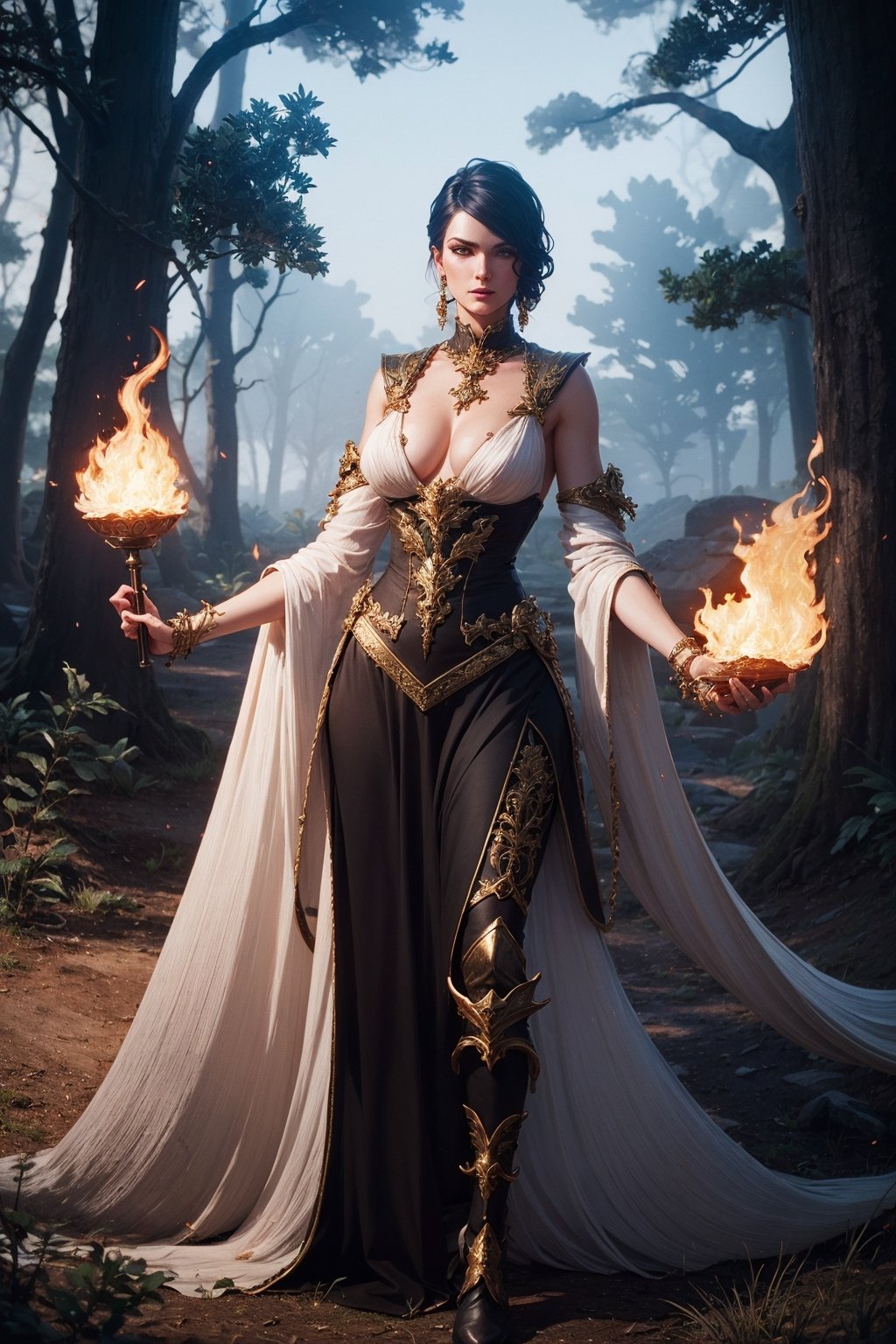realistic ,  Beautiful White Witch Women ,  Casting Fire Spell on Tensor.Art