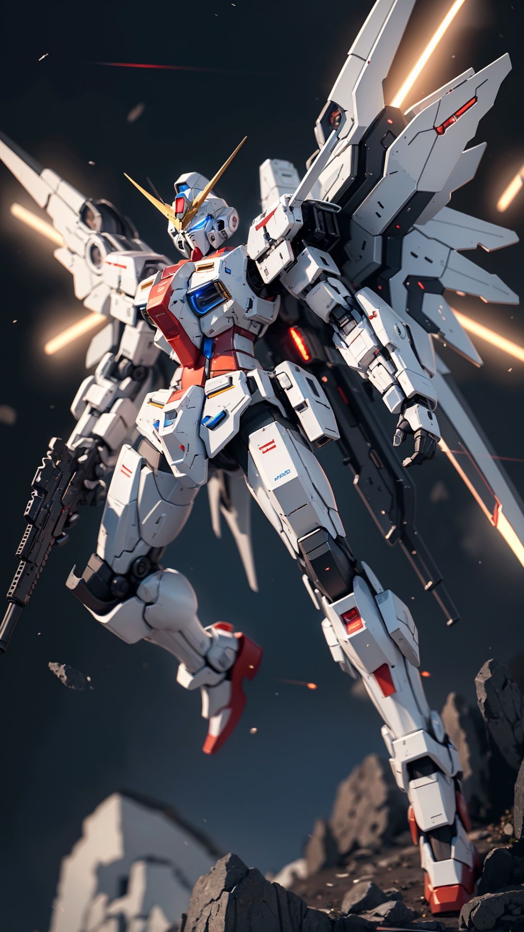 Hyperrealistic art BJ_Gundam,wings,solo,blue_eyes,holding,weapon,holding_weapon,gun,no_humans,glowing,robot,holding_gun,mecha,glowing_eyes,floating,flying,science_fiction,space,v-fin,energy_gun,mobile_suit,beam_rifle,cinematic lighting,strong contrast,high level of detail,Best quality,masterpiece,White background,. Extremely high-resolution details,photographic,realism pushed to extreme,fine texture,incredibly lifelike,<lora:Gundam_Mecha_v5.2:0.6>, . Extremely high-resolution details, photographic, realism pushed to extreme, fine texture, incredibly lifelike