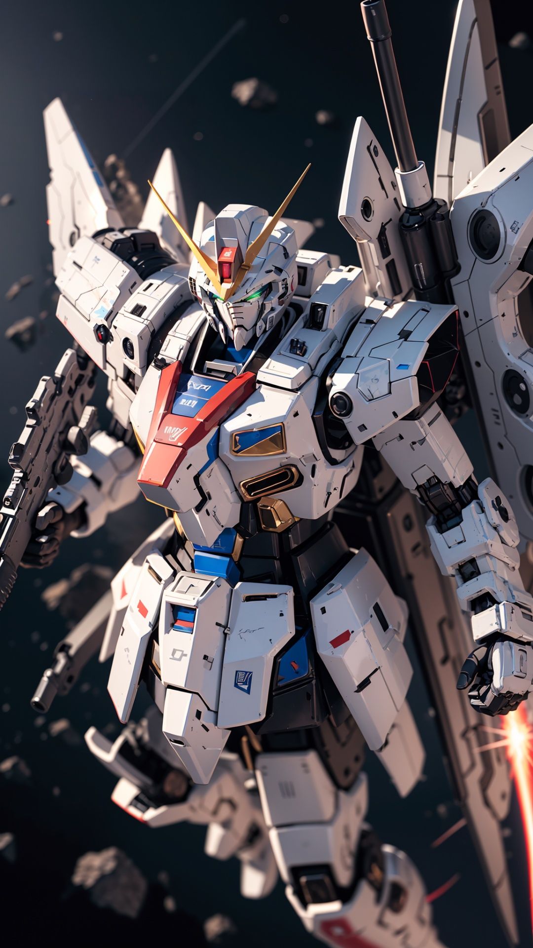 Hyperrealistic art BJ_Gundam,solo,holding,green_eyes,weapon,sky,holding_weapon,gun,no_humans,glowing,robot,holding_gun,mecha,glowing_eyes,flying,science_fiction,shield,space,v-fin,energy_gun,mobile_suit,beam_rifle,cinematic lighting,strong contrast,high level of detail,Best quality,masterpiece,White background,. Extremely high-resolution details,photographic,realism pushed to extreme,fine texture,incredibly lifelike,<lora:Gundam_Mecha_v5.2:0.6>, . Extremely high-resolution details, photographic, realism pushed to extreme, fine texture, incredibly lifelike