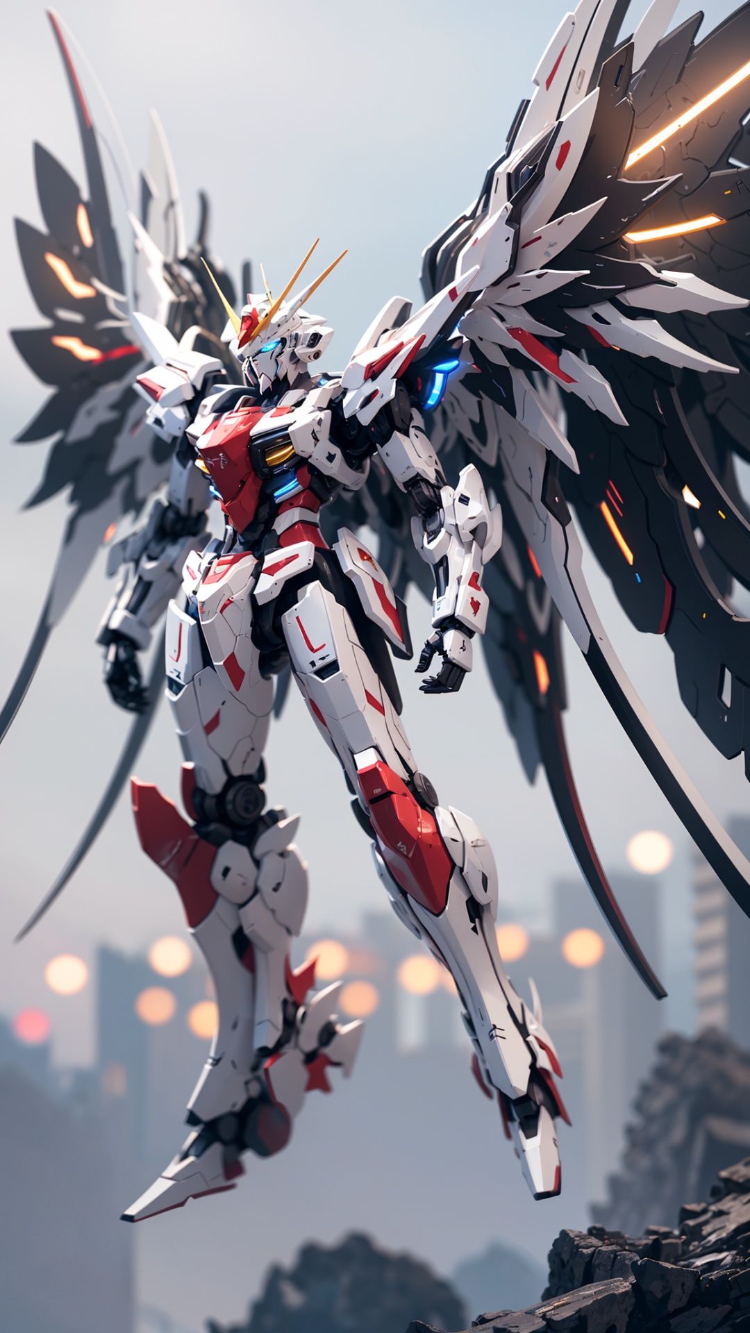 Hyperrealistic art BJ_Gundam, wings, solo, blue_eyes, weapon, wings, gun, no_humans, glowing, robot, mecha, clenched_hands, floating, science_fiction, mechanical_wings, v-fin,,cinematic lighting,strong contrast,high level of detail,Best quality,masterpiece,White background,. Extremely high-resolution details,photographic,realism pushed to extreme,fine texture,incredibly lifelike,<lora:Gundam_Mecha_v5.2:0.7>, . Extremely high-resolution details, photographic, realism pushed to extreme, fine texture, incredibly lifelike