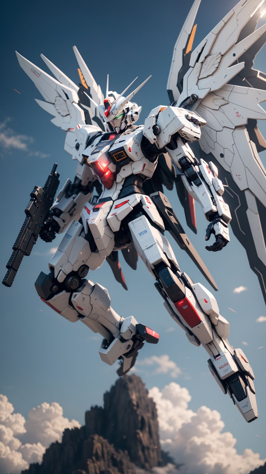 Hyperrealistic art BJ_Gundam,solo,holding,green_eyes,weapon,wings,holding_weapon,gun,no_humans,glowing,robot,holding_gun,mecha,glowing_eyes,flying,science_fiction,mechanical_wings,v-fin,energy_gun,beam_rifle,cinematic lighting,strong contrast,high level of detail,Best quality,masterpiece,White background,. Extremely high-resolution details,photographic,realism pushed to extreme,fine texture,incredibly lifelike,<lora:Gundam_Mecha_v5.2:0.7>, . Extremely high-resolution details, photographic, realism pushed to extreme, fine texture, incredibly lifelike