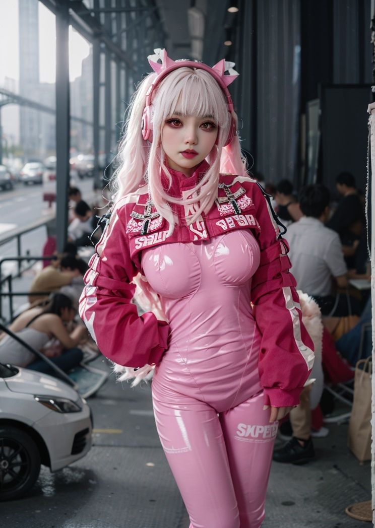 (masterpiece, best quality:1.4),finely detailed,1girl,solo,pale skin,perfect body,(gigantic breasts:1.2),standing,<lora:胜利女神爱丽丝-000008:0.8>,SLNSals,animal ear headphones,bodysuit,latex bodysuit,pink hair,pink bodysuit,