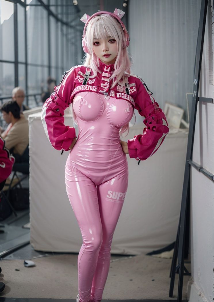 (masterpiece, best quality:1.4),finely detailed,1girl,solo,pale skin,perfect body,(gigantic breasts:1.3),standing,<lora:胜利女神爱丽丝-000008:0.8>,SLNSals,animal ear headphones,bodysuit,latex bodysuit,pink hair,pink bodysuit,
