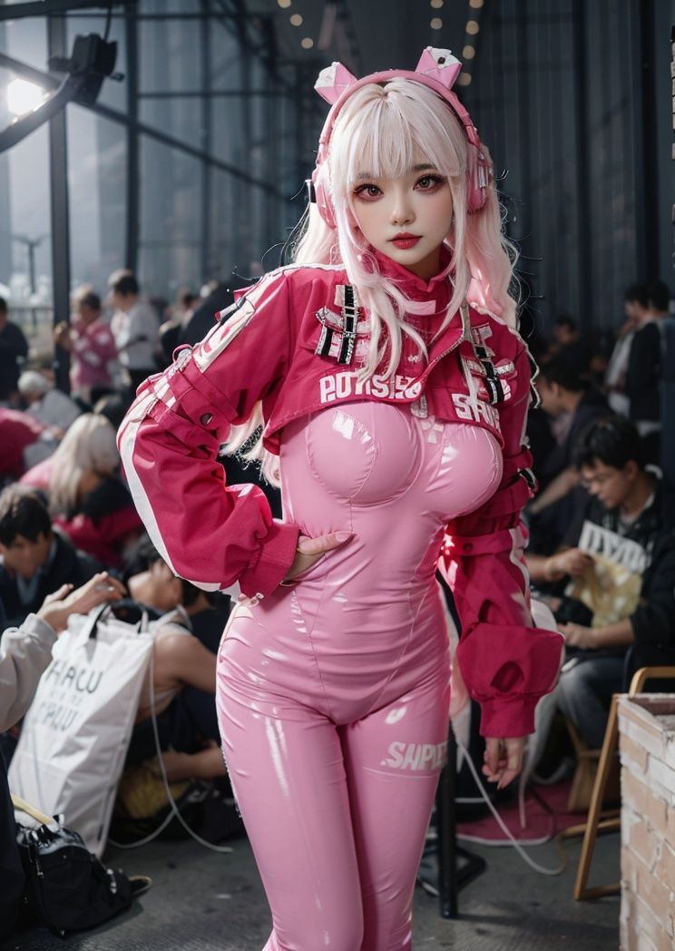 (masterpiece, best quality:1.4),finely detailed,1girl,solo,pale skin,perfect body,(gigantic breasts:1.2),standing,<lora:胜利女神爱丽丝-000008:0.8>,SLNSals,animal ear headphones,bodysuit,latex bodysuit,pink hair,pink bodysuit,
