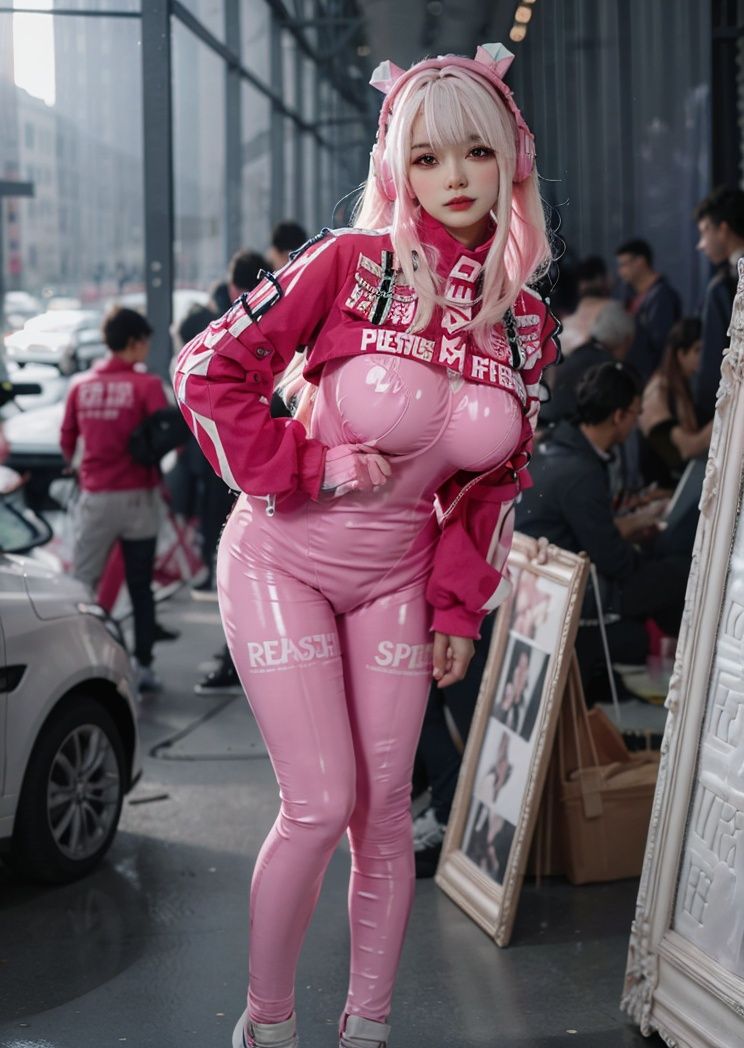 (masterpiece, best quality:1.4),finely detailed,1girl,solo,pale skin,perfect body,(gigantic breasts:1.3),standing,<lora:胜利女神爱丽丝-000008:0.8>,SLNSals,animal ear headphones,bodysuit,latex bodysuit,pink hair,pink bodysuit,