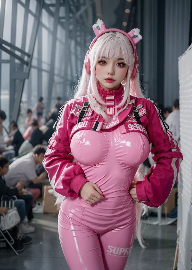 (masterpiece, best quality:1.4),finely detailed,1girl,solo,pale skin,perfect body,(gigantic breasts:1.3),standing,<lora:胜利女神爱丽丝-000008:0.8>,SLNSals,animal ear headphones,bodysuit,latex bodysuit,pink hair,pink bodysuit,
