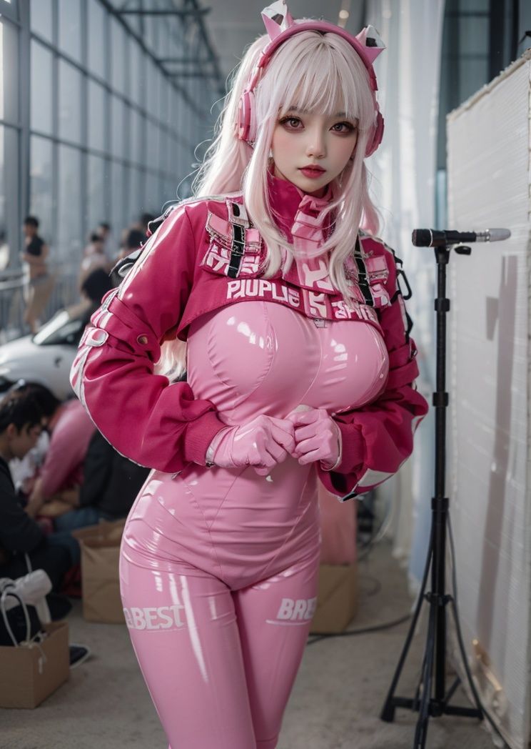 (masterpiece, best quality:1.4),finely detailed,1girl,solo,pale skin,perfect body,(gigantic breasts:1.2),standing,<lora:胜利女神爱丽丝-000008:0.8>,SLNSals,animal ear headphones,bodysuit,latex bodysuit,pink hair,pink bodysuit,