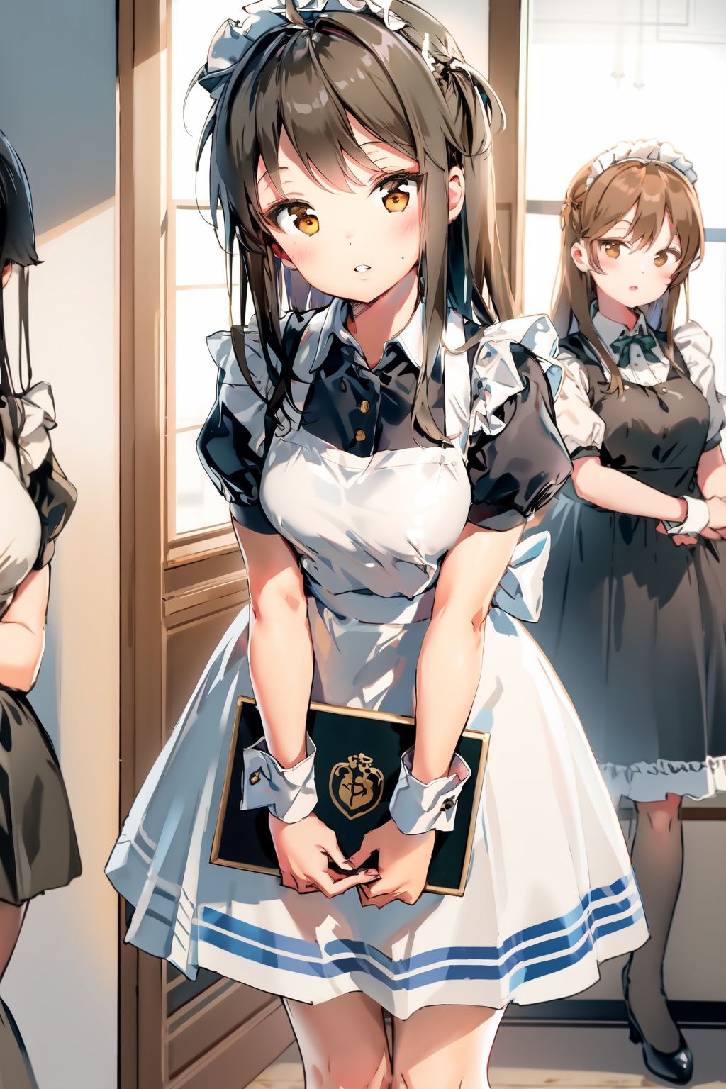 tray,blush,solo focus,holding tray,maid headdress,brown eyes,black hair,parted lips,multiple girls,looking at viewer,maid,dress,bangs,indoors,black dress,short sleeves,holding,blurry,depth of field,window,blurry background,long hair,apron,puffy sleeves,3girls,day,puffy short sleeves,wrist cuffs,collared dress,waitress,head tilt,sunlight,standing,chair,frills,shirt,sailor collar