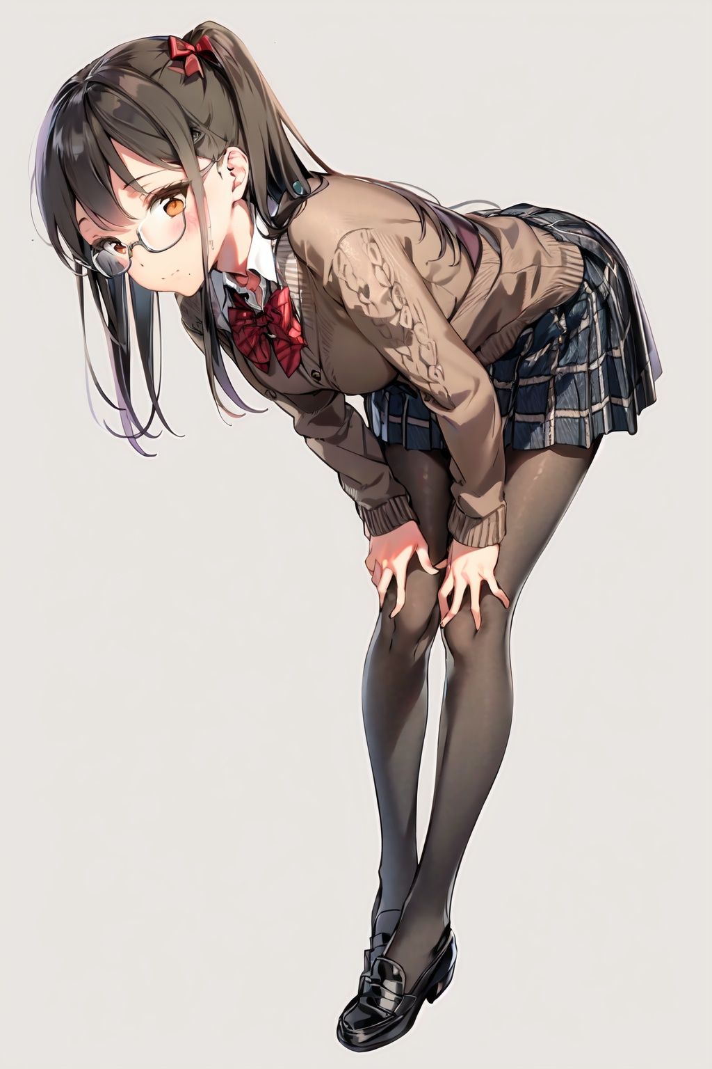 1girl, solo, pantyhose, skirt, long hair, loafers, shoes, simple background, school uniform, brown eyes, plaid, black pantyhose, plaid skirt, looking at viewer, black hair, pantyhose pull, full body, clothes pull, black footwear, pleated skirt, leaning forward, bangs, long sleeves, bent over, cardigan, bow, bowtie, standing, closed mouth, pulled by self, grey background, blush, miniskirt, red bow, sweater, **********
